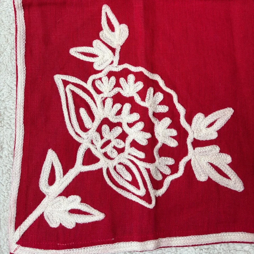 Williams Sonoma Red Linen Napkins with Off-White Embroidery Set of 4